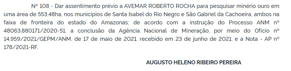 12 3 » Augusto Heleno autoriza empresário a pesquisar ouro em Santa Isabel do Rio Negro e São Gabriel da Cachoeira
